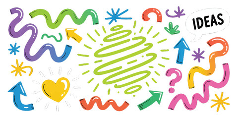 Colorful Doodle Elements Representing Ideas and Creativity with a Central Spiral inspiration concept