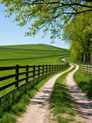Scenic dirt path through lush green fields serene countryside nature photography bright day tranquil environment