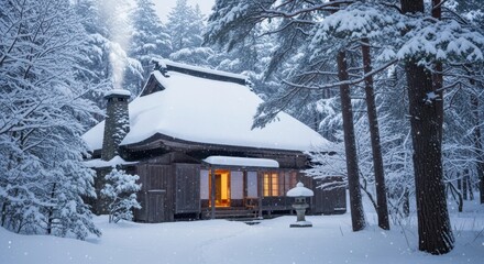 Naklejka premium Winter Cabin in Forest with Snow Covered Roof