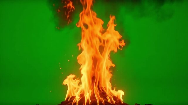 Intense orange flames erupt and dance against a vibrant green screen background, symbolizing energy and heat.