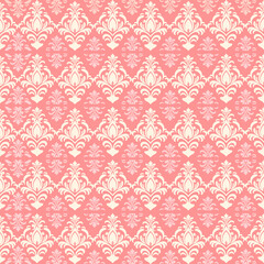 A beautiful and elegant damask seamless pattern vector in classic shades of pink and cream. This luxurious and classic design is perfect for use as wallpaper, fabric, or as a background for invitation
