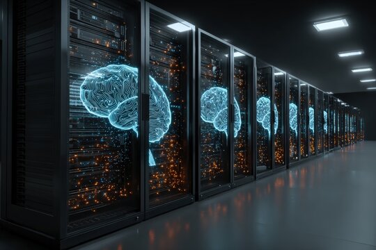 Server racks with glowing brain graphics