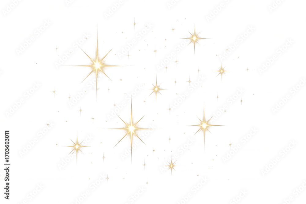 Poster golden light effect with glowing stars and glittering particles on transparent background, ideal for
