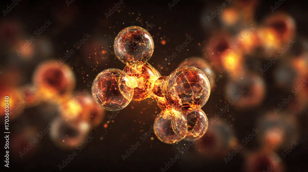 Poster glowing orbs connected by fiery lines abstract molecule structure dark background