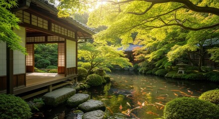 Scenic Japanese Garden with Koi Pond and Traditional House