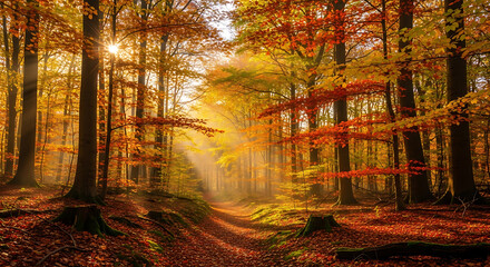 Obraz premium Sunlight streams through a tranquil forest path, illuminating the vibrant golden and red leaves of the autumn season