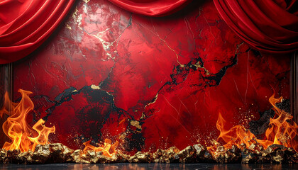 Crimson velvet drapes over fiery textured wall with golden accents fire flames
