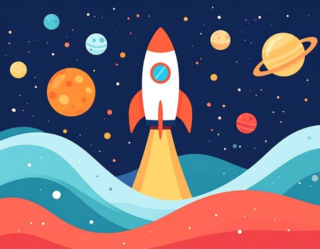 Colorful rocket ship launching into space