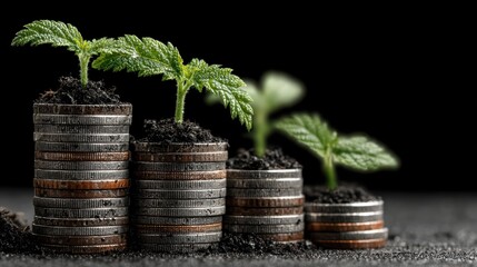 Stunning Stack of Coins Transforming into Vibrant Plant Pyramid, Ideal for Branding and Inspiring Creativity.