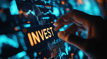 Hand touches glowing investment text on digital financial data screen.