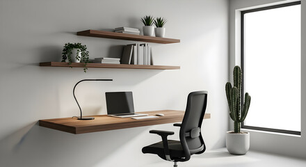 A minimalist home office setup featuring a floating wooden desk with a laptop and lamp, complemented by wall-mounted shelves and a large potted cactus by the window.