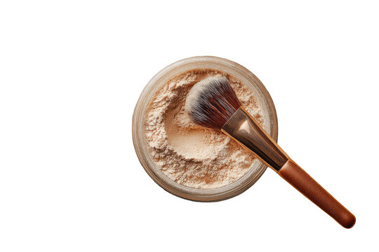 Light beige powder in a jar, with a makeup brush
