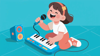 illustration of a girl playing the keyboard and singing vector design template