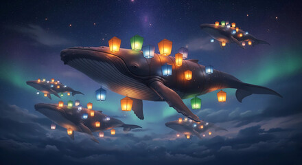 Fototapeta premium A pod of glowing whales adorned with lanterns soars through a sky filled with stars and the aurora. The scene creates a dreamy and marvelous spectacle in the night atmosphere.
