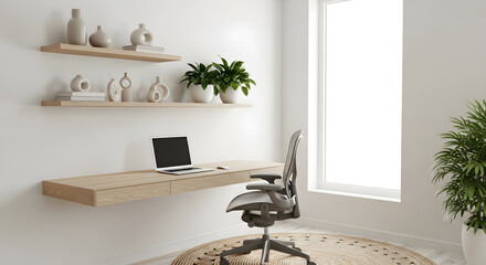 A minimalist home office setup featuring a floating desk, ergonomic chair, and decorative shelves against a white wall.