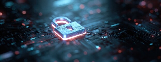 Futuristic circuit board with glowing padlock