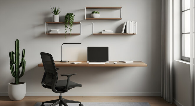 A minimalist home office setup featuring a floating desk with a laptop and a chair, complemented by wall shelves and a window.