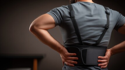 Man wearing back support belt – posture correction, spine health and pain relief concept