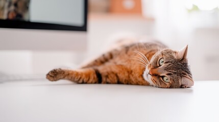 Relaxed tabby cat lying on desk near computer – pet lifestyle, home comfort and workplace companion concept