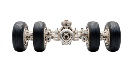 A detailed view of a silver truck axle assembly with four tires on a white background studio shot