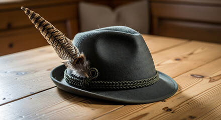 Classic green Alpine hunter's hat adorned with a magnificent feather, a symbol of traditional Bavarian and Austrian culture