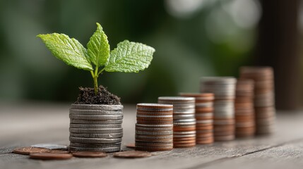 Vibrant Plant Growing Amidst Stacks of Coins Financial Focused Graphic for Marketing Campaigns, Inspiring Growth and Creativity.