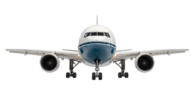 Frontal view of a large passenger airplane with visible engines and landing gear on white background