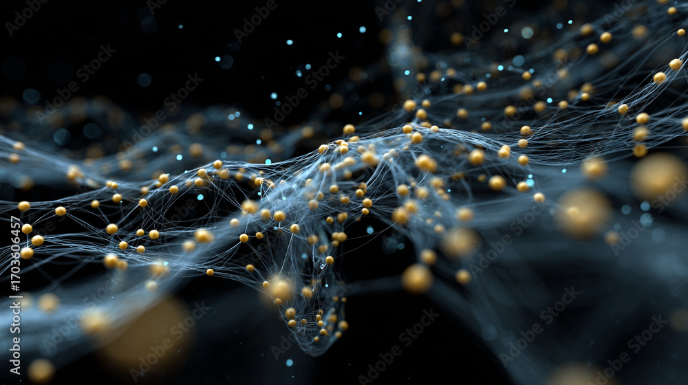 Poster golden spheres connected by a glowing network floating in dark space abstract art digital art