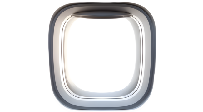 A close up of an airplane window showing the bright sky outside during the day time flight view