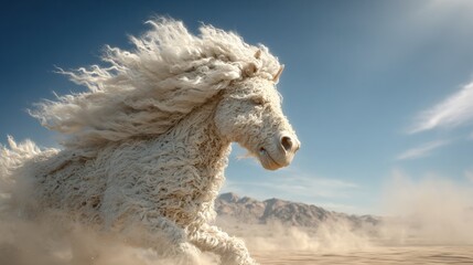 Majestic White Horse Galloping Through a Desert Landscape With Flowing Mane and Dust Flying in the Air Against a Clear Blue Sky