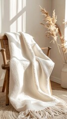 White Knitted Blanket Drape on Wicker Chair with Beige Interior and Sunlight Casting a Shadow in Modern House