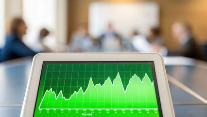 Green finance graph on tablet screen with business meeting background showing growth and success