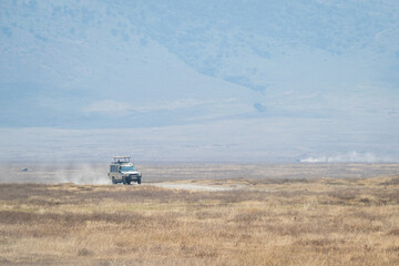 A single safari vehicle in the distance, in the Ngorongoro Crater, Tanzania. Dust can be seen trailing behind it as it traverses the landscape in search of wild animals
