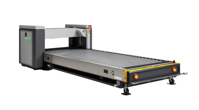 A conveyor belt system with a robotic arm and control panel in a factory setting on a white background