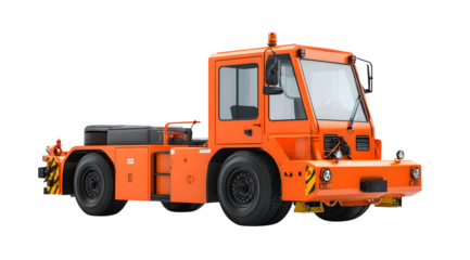 Orange aircraft tug vehicle with black tires on a white background in a studio shot image style
