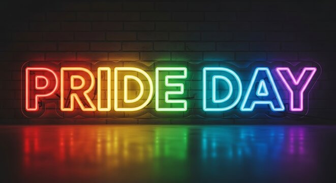 Vibrant Pride Day Neon Sign in Rainbow Colors Glowing on a Dark Wall.