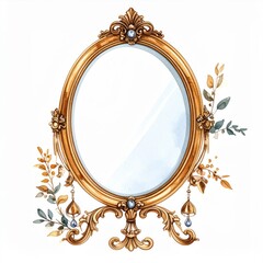 Vintage Ornate Gold Mirror Frame with Floral Leaf Watercolor Illustration Art