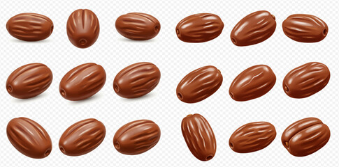 Multiple nutmeg seeds are arranged in a grid formation on a transparent background.