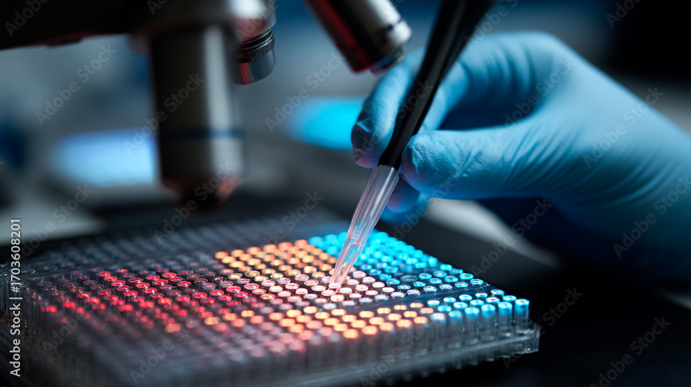 Aufkleber scientist using pipette in lab testing colorful samples with microscope nearby
