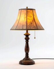 Elegant Table Lamp with Floral Shade Standing on White Background in Soft Warm Light