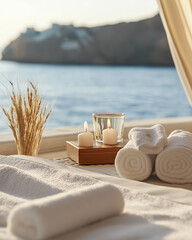 Serene spa setting featuring rolled towels, lit candles overlooking tranquil ocean vista.