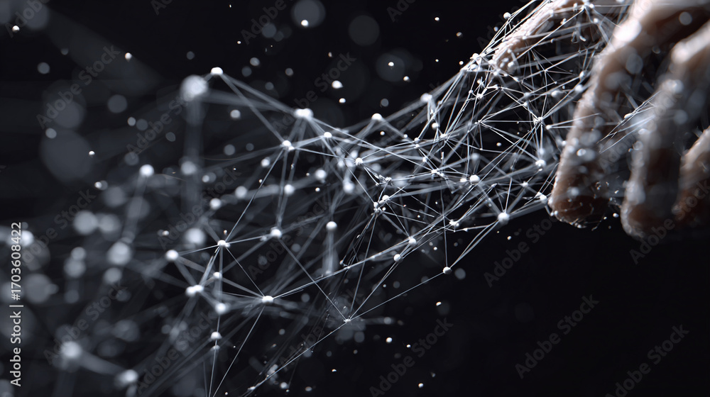 Poster hand interacting with a complex network of interconnected nodes and lines a digital abstract concept