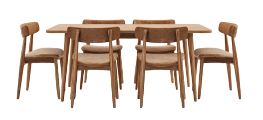 Light brown wooden dining set with upholstered chairs