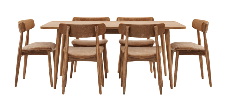Light brown wooden dining set with upholstered chairs