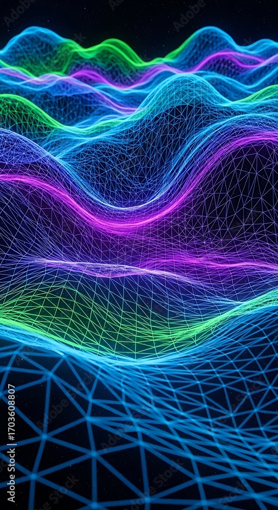 Poster abstract colorful wireframe landscape with gradient waves and dark backdrop