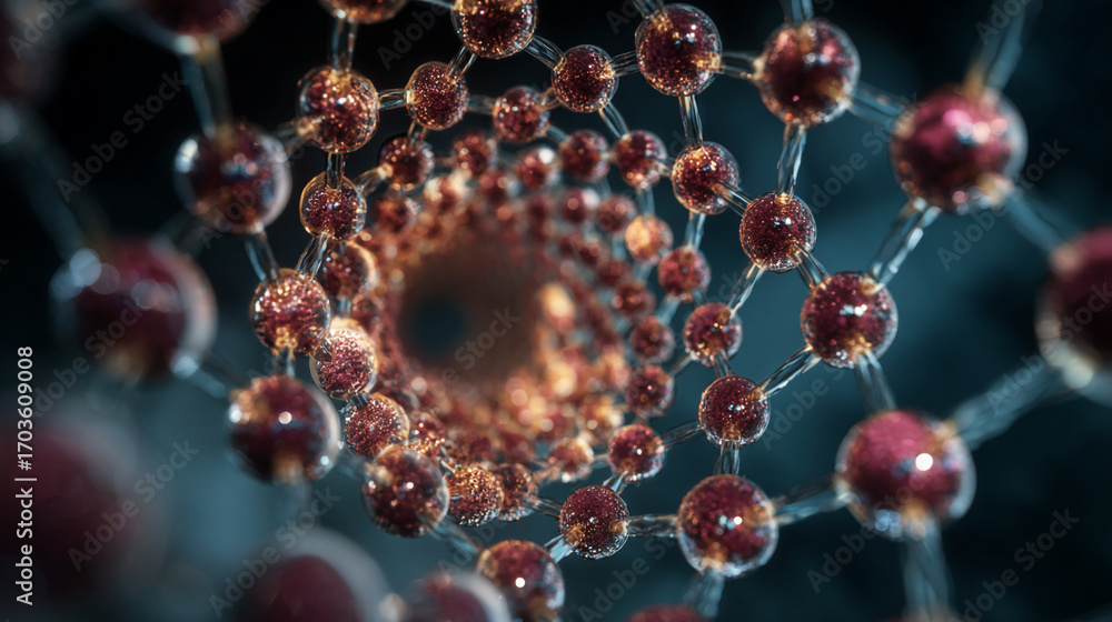 Poster microscopic view of a molecule spiral structure atoms connected intricate network science technology