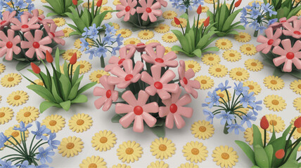 Whimsical 3D Rendered Floral Pattern with Pink and Yellow Flowers vector illustration