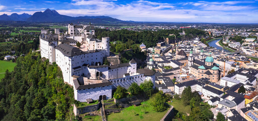 Austria travel and landmarks. majestic Hohensalzburg fortress aerial drone view of old town Salzburg and castle. Austrian tourism