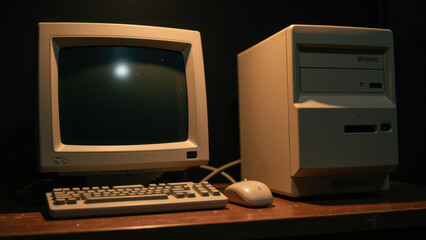 Vintage computer setup featuring classic monitor, keyboard, and CPU tower, evoking nostalgia for early technology