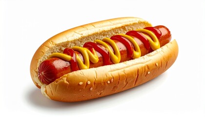 A classic American hot dog with ketchup and mustard, isolated on a white background